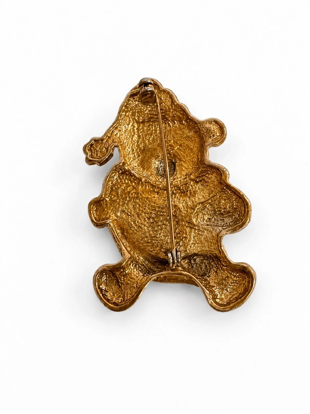 Vintage Christmas Teddy Bear French Horn Brooch Gold Tone Enamel Santa Hat Pin
